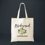 Modern Brush Script Green White Floral Bridesmaid Tote Bag<br><div class="desc">Modern Trendy Brush Script Watercolor Green White Floral Bridesmaid Tote Bag</div>