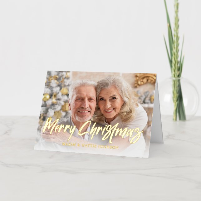 Modern Brush Script Happy Holidays Photo Foil Holiday Card (Front)