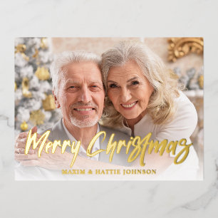 Modern Brush Script Happy Holidays Photo Foil Holiday Postcard