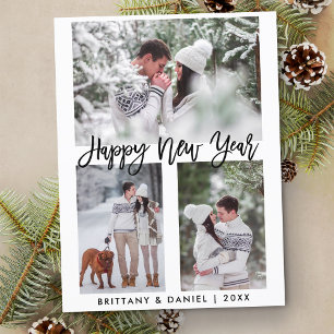 Modern Brush Script Happy New Year 3 Photo Holiday Postcard