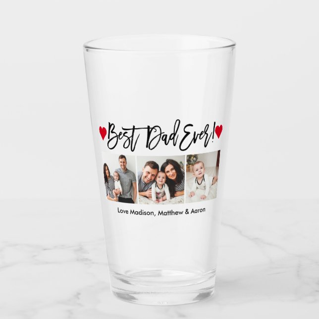 Modern Brush Script Hearts 3 Photo Best Dad Ever Glass (Front)