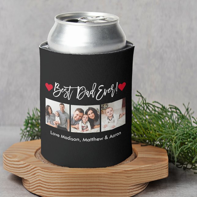 Modern Brush Script Hearts 3 Photos Best Dad Ever Can Cooler (Customize to change your personalized text size or text style.)