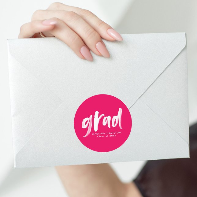 Modern Brush Script Hot Pink Graduation Classic Round Sticker (Creator Uploaded)