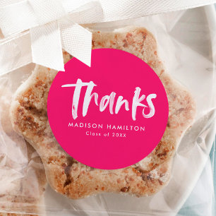 Modern Brush Script Hot Pink Graduation Thank You Classic Round Sticker