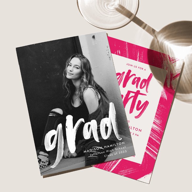 Modern Brush Script Hot Pink Photo Grad Party Invitation (Creator Uploaded)