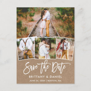 Modern Brush Script Kraft Save The Date 4 Photo Postcard
