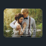 Modern Brush Script Leaves Save The Date Photo Magnet<br><div class="desc">Modern Brush Script Save The Date Engagement Couple Photo Magnet - White Script with Leaves</div>