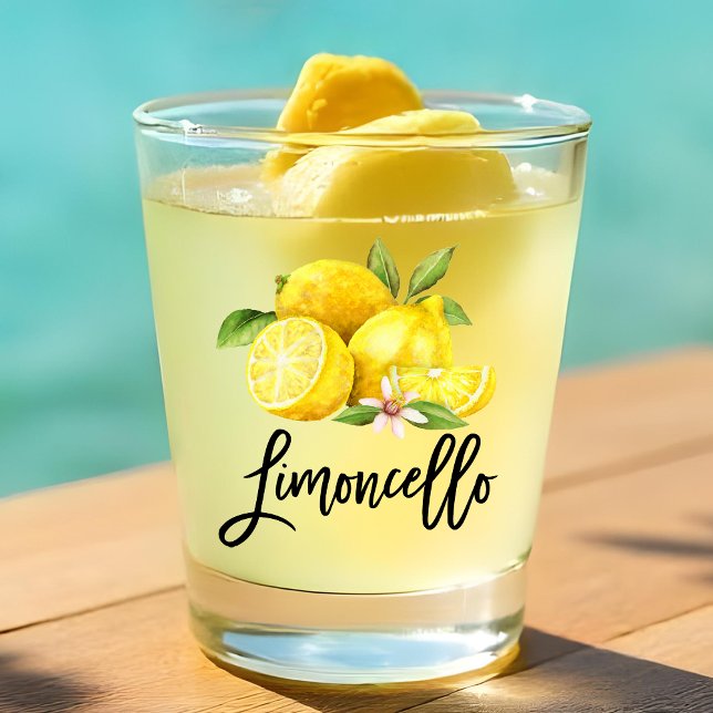 Modern Brush Script Limoncello Watercolor Lemons Shot Glass (Watercolor Lemons and Brush Script Calligraphy Limoncello Shot Glass)