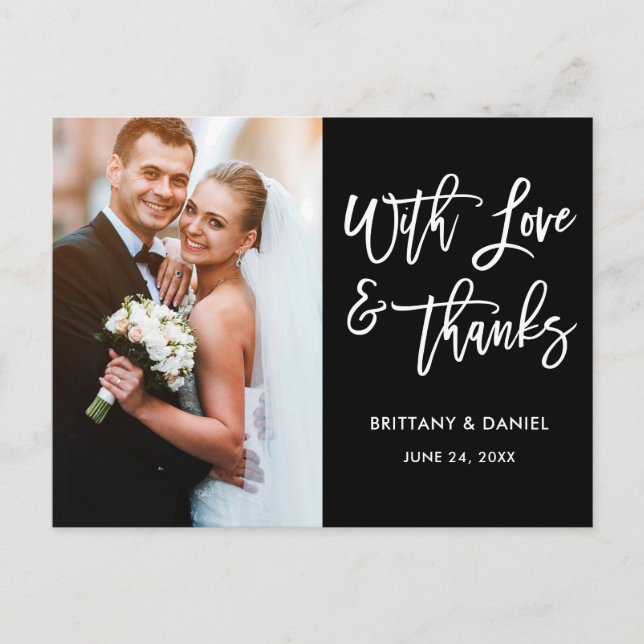 Modern Brush Script Love and Thanks Wedding Blk Postcard (Front)