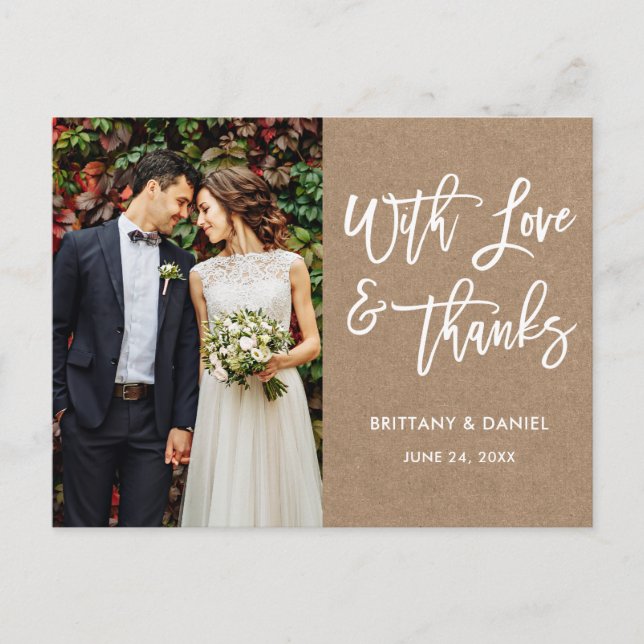 Modern Brush Script Love and Thanks Wedding Kraft Postcard (Front)