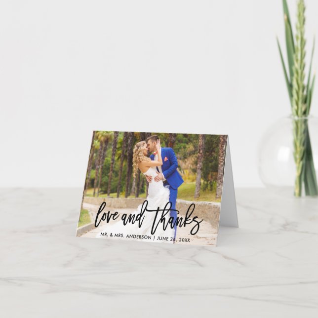 Modern Brush Script Love and Thanks Wedding Note Card (Front)