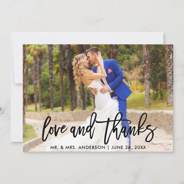 Modern Brush Script Love and Thanks Wedding Photo Thank You Card (Front)