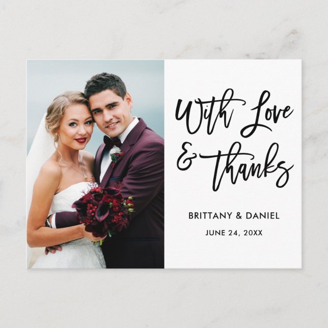 Modern Brush Script Love and Thanks Wedding Wht Postcard (Front)