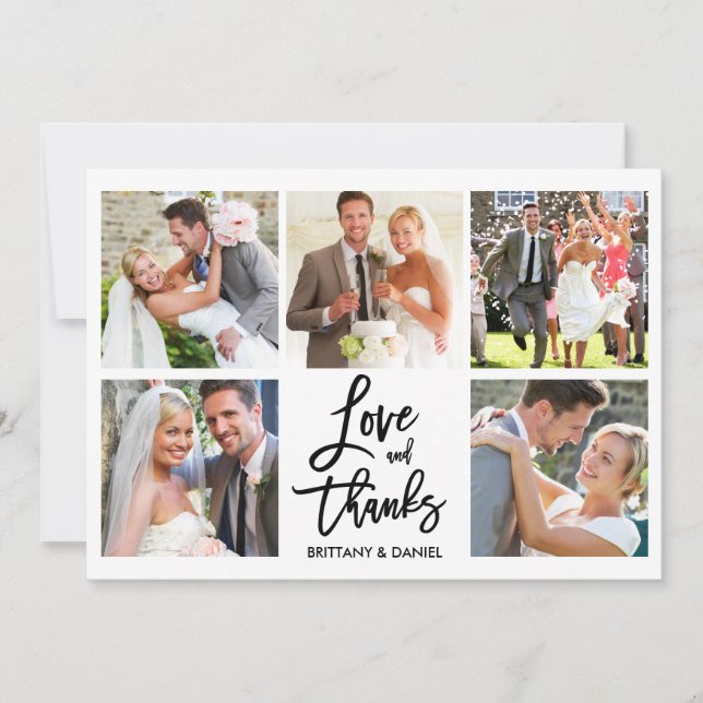 Modern Brush Script Love Thanks 5 Photo Wedding Thank You Card (Front)