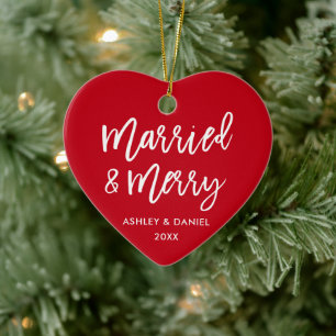 Modern Brush Script Married & Merry Wedding Ceramic Tree Decoration