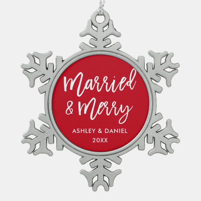 Modern Brush Script Married & Merry Wedding Snowflake Pewter Christmas Ornament (Front)