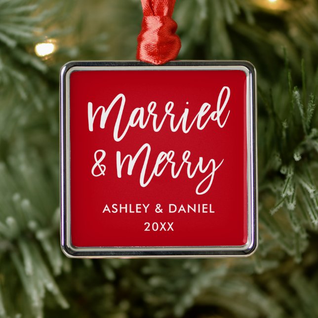 Modern Brush Script Married & Merry Wedding Square Metal Tree Decoration (Tree)