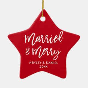 Modern Brush Script Married & Merry Wedding Star Ceramic Tree Decoration