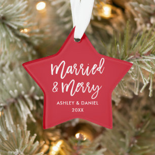 Modern Brush Script Married & Merry Wedding Star Ornament