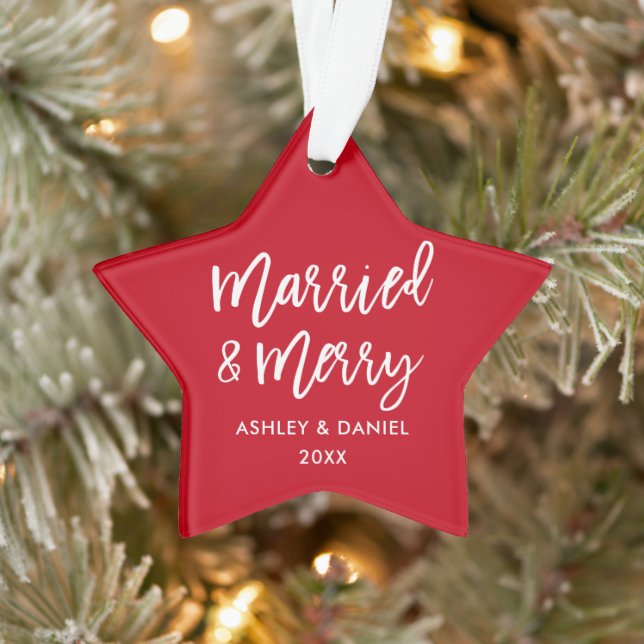 Modern Brush Script Married & Merry Wedding Star Ornament (Tree)