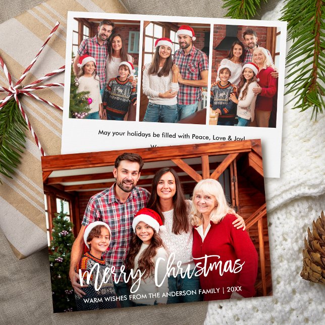 Modern Brush Script Merry Christmas 4 Photos Holiday Card (Customize with your photos and text.)