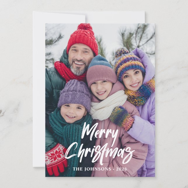 Modern Brush Script Merry Christmas Blue Holiday Card (Front)