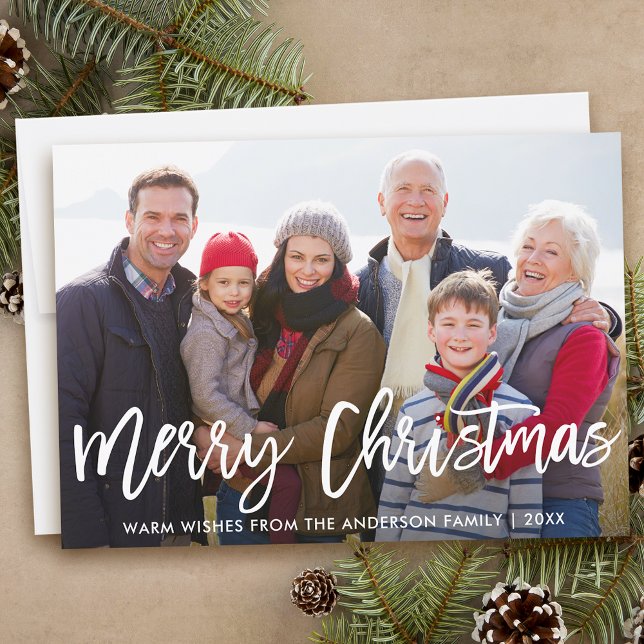 Modern Brush Script Merry Christmas Family Photo Holiday Card (Customize to add text to back of card.)