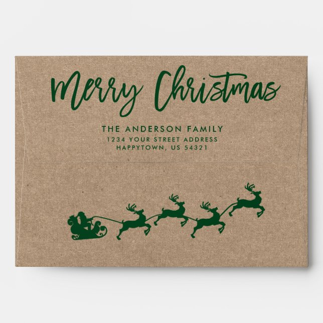 Modern Brush Script Merry Christmas  Green Kraft Envelope (Back (Top Flap))