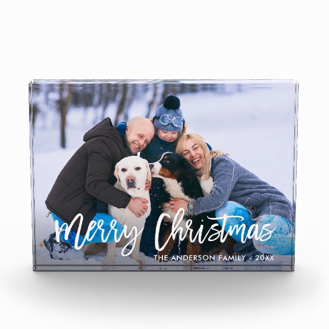 Modern Brush Script Merry Christmas Photo Block (Front)