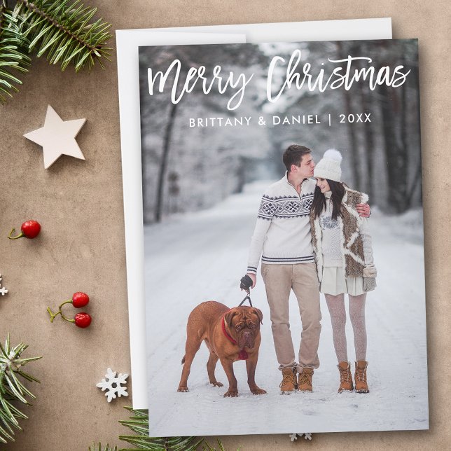 Modern Brush Script Merry Christmas Photo Card (Customize to add text to back of card.)