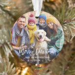 Modern Brush Script Merry Christmas Photo Ornament<br><div class="desc">Modern Brush Script Merry Christmas Family Photo Ornament - Red Snowflakes back</div>