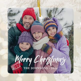 Modern Brush Script Merry Christmas Photos Ceramic Ornament