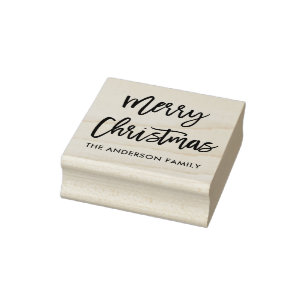Modern Brush Script Merry Christmas Square Rubber Stamp