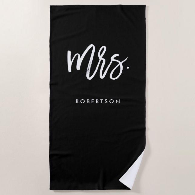 Modern Brush Script | Mrs | Editable Colour Beach Towel (Front)