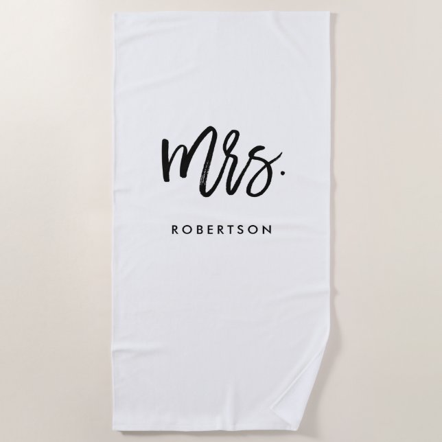 Modern Brush Script | Mrs | Editable Colour Beach Towel (Front)
