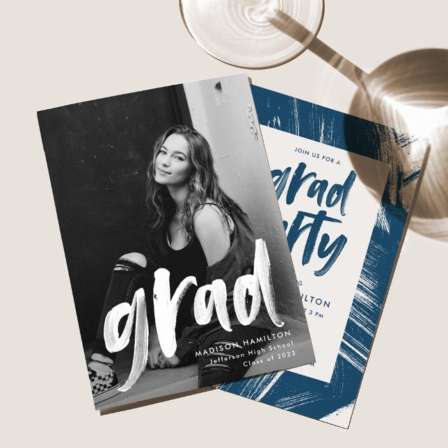 Modern Brush Script Navy Photo Graduation Party Invitation (Creator Uploaded)