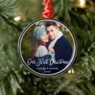 Modern Brush Script Our First Christmas Couple Metal Tree Decoration
