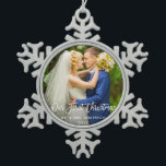 Modern Brush Script Our First Christmas Wedding Snowflake Pewter Christmas Ornament<br><div class="desc">Modern Brush Script Our First Christmas Wedding Photo Ornament</div>