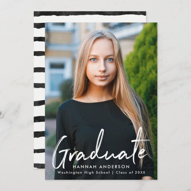 Modern Brush Script Photo Graduation Announcement (Front/Back)