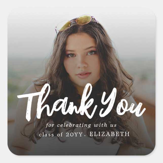 Modern Brush Script Photo Graduation Thank You Square Sticker (Front)