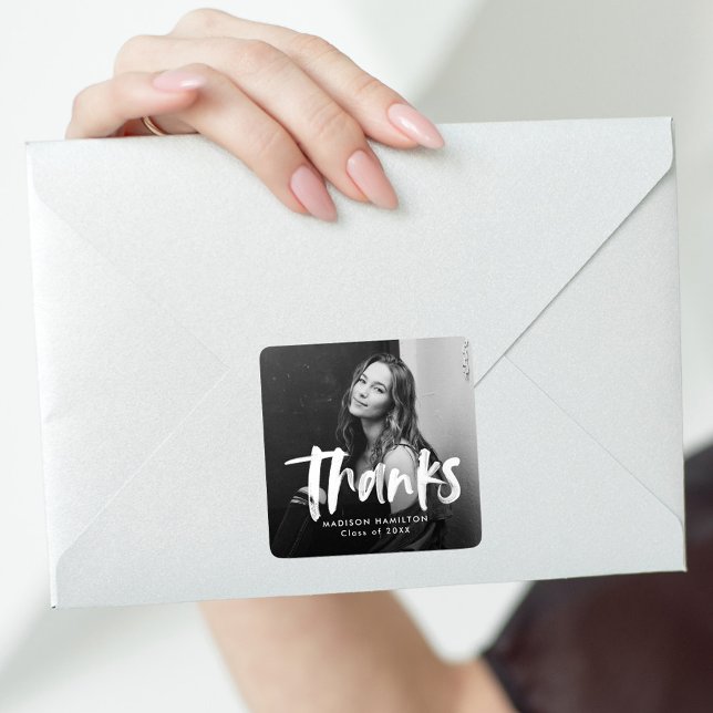 Modern Brush Script Photo Graduation Thank You Square Sticker (Creator Uploaded)