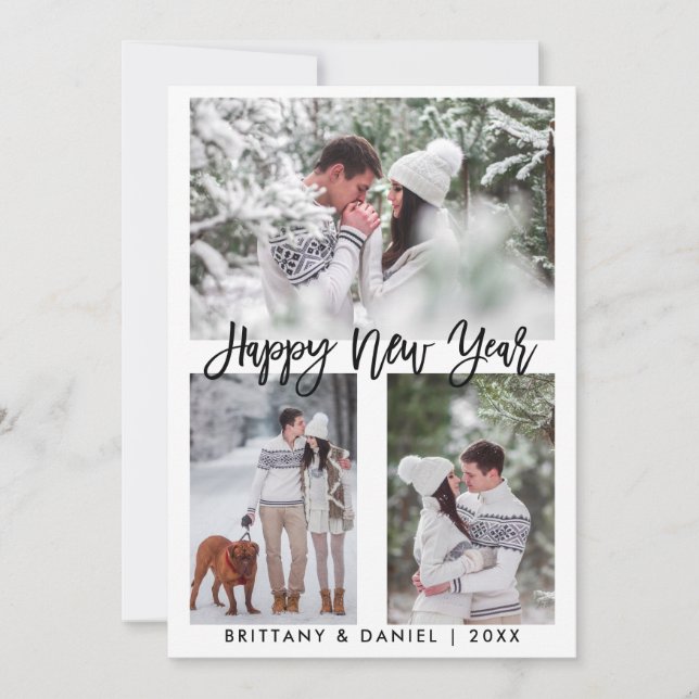 Modern Brush Script Photo Happy New Year Holiday Card (Front)