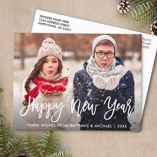Modern Brush Script Photo Happy New Year Postcard (Customize to change your personalized text size or text style.)
