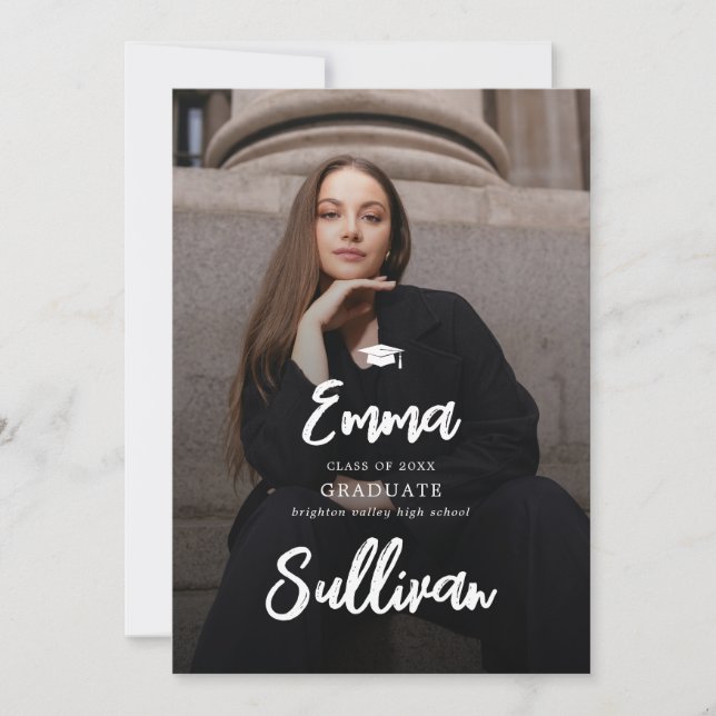 Modern Brush Script Photo High School Graduation Announcement (Front)