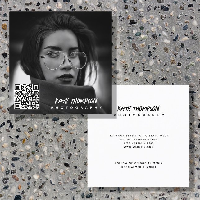 Modern Brush Script Photo QR Code Social Media  Square Business Card (Creator Uploaded)