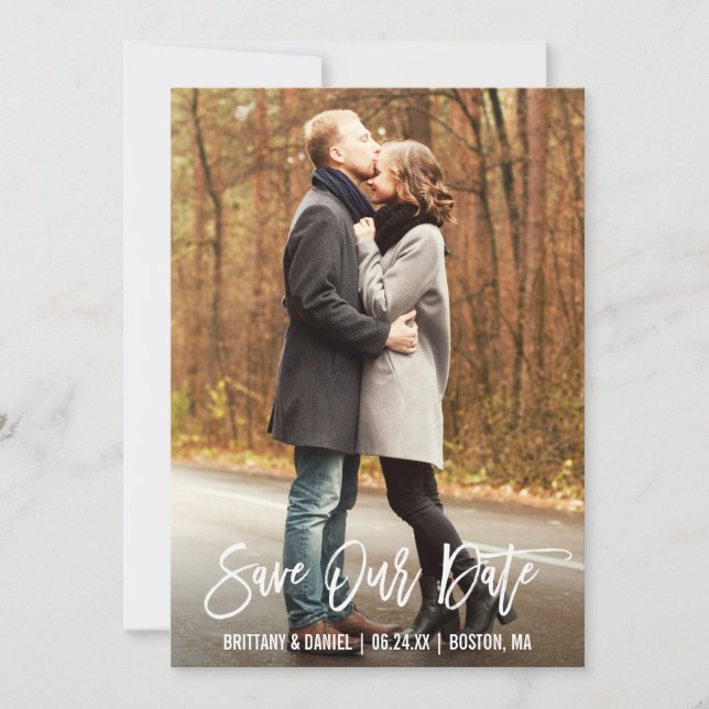 Modern Brush Script Photo Save Our Date Card (Front)