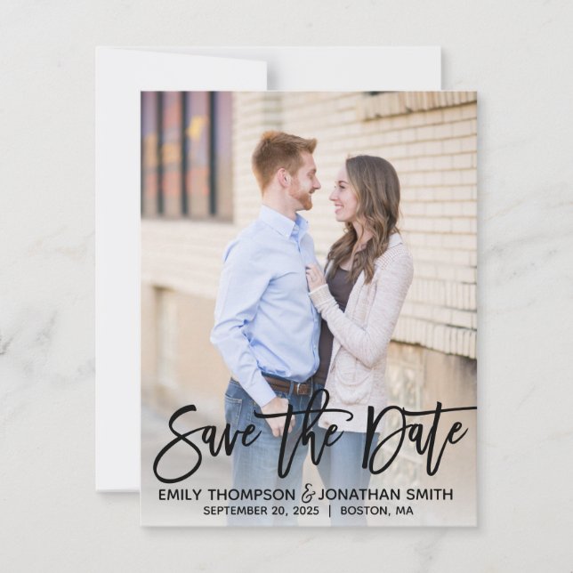Modern Brush Script Photo Save the Date Card Black (Front)