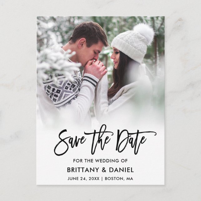 Modern Brush Script Photo Save The Date Postcard (Front)