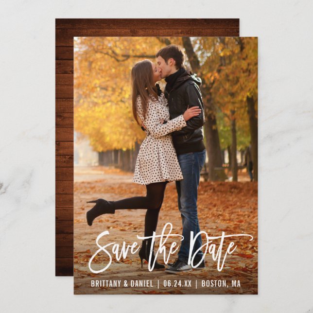 Modern Brush Script Photo Wood Save The Date Card (Front/Back)