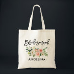 Modern Brush Script Pink White Floral Bridesmaid Tote Bag<br><div class="desc">Modern Trendy Brush Script Watercolor Pink Blush White Floral Bridesmaid Tote Bag</div>